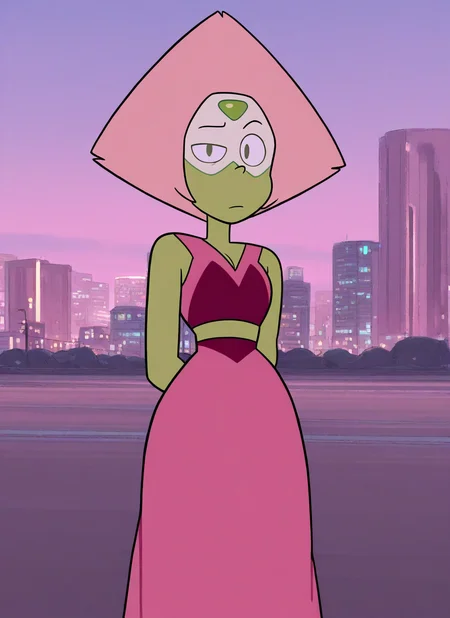 artist:, masterpiece, best quality, newest, very awa, absurdres, highres, sustl, 1girl, prdt, green skin, green forehead jewel, raised eyebrow, looking at viewer, pink evening dress, midriff, neon city, beautiful background, detailed, <lora:SDXL\Illustrous\Steven-Universe-Style-Illustious:1.0>