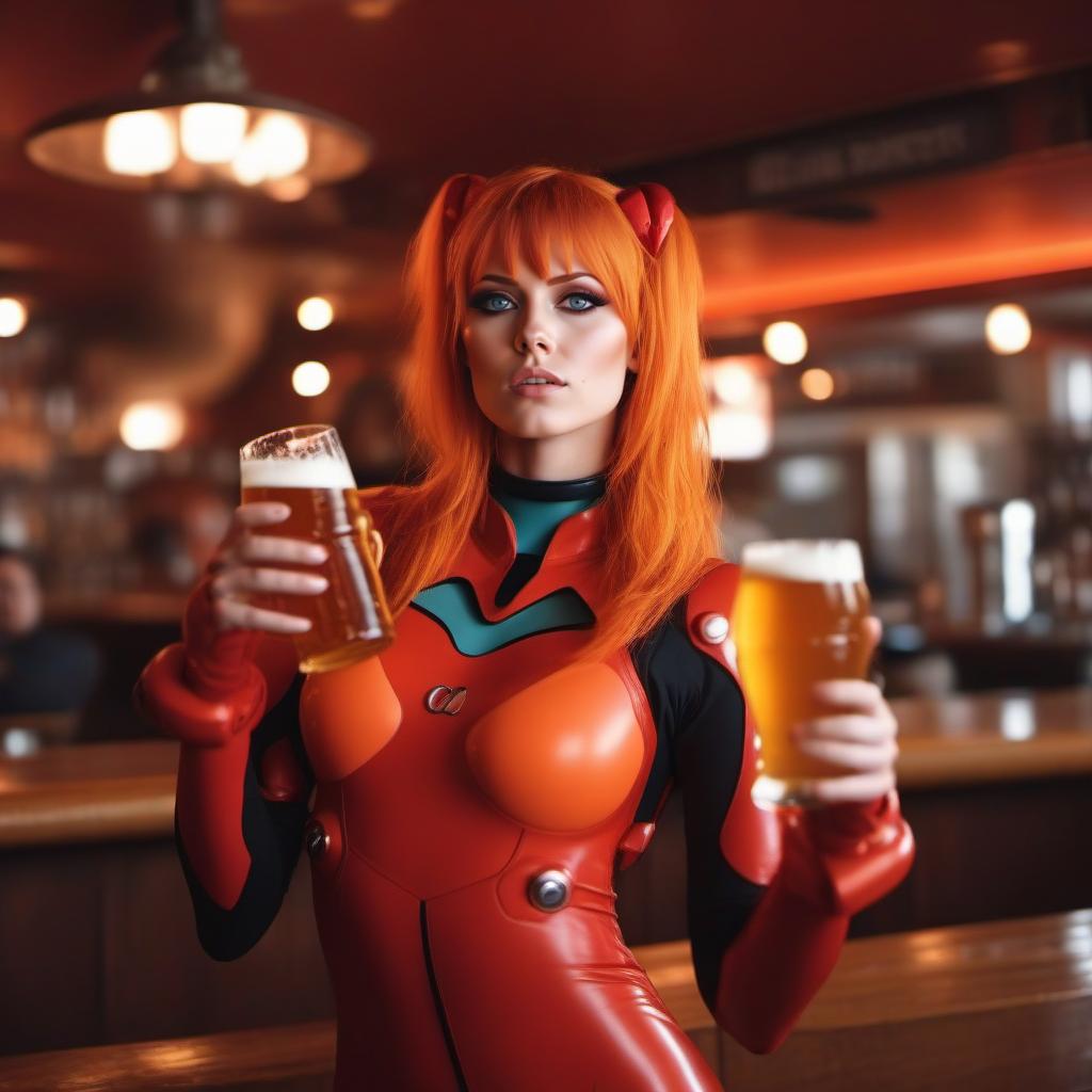 cinematic photo a woman, red plugsuit, blue eyes, orange hair, having a beer in a pub  <lora:Asuka1024:0.8> . 35mm photograph, film, bokeh, professional, 4k, highly detailed