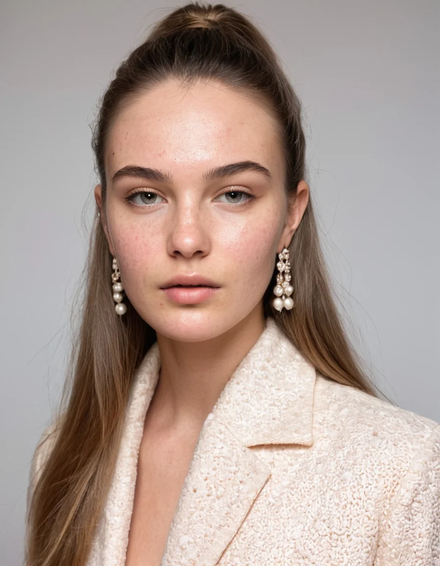 Fashion photograph of a extremely beautiful super model posing for a portrait photoshoot, ultra detailed high fashion clothing, <lora:275FAB00CB:0.3> Detailed natural skin and blemishes without-make-up and acne