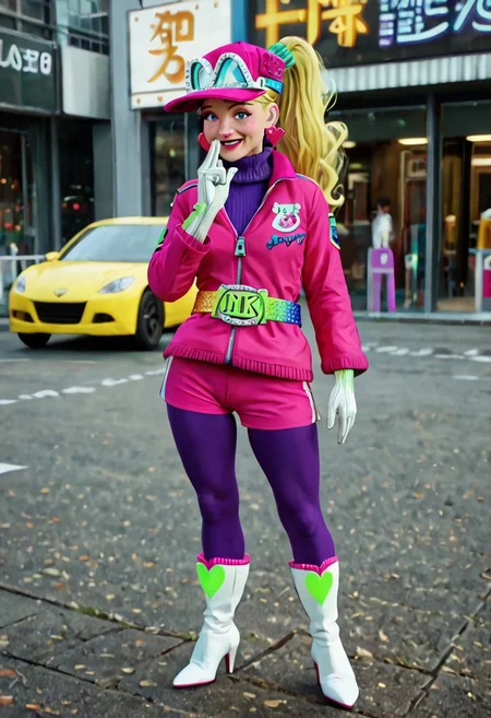 score_9, score_8_up, score_7_up BREAK AniPitstop, 1girl, blonde hair, ponytail, pink eyes, pink lipstick, green blush, pink baseball cap, white goggles on head, heart earrings, rainbow belt, green-jeweled cat silver buckle, long-sleeved pink jacket, purple sweater, white gloves, pink shorts, purple tights, white high-heeled boots, solo, solo focus, female, female focus, full body, smiling at viewer, futuristic tokyo background, tokyo neon outdoors, 3d, source_3d, photorealistic,