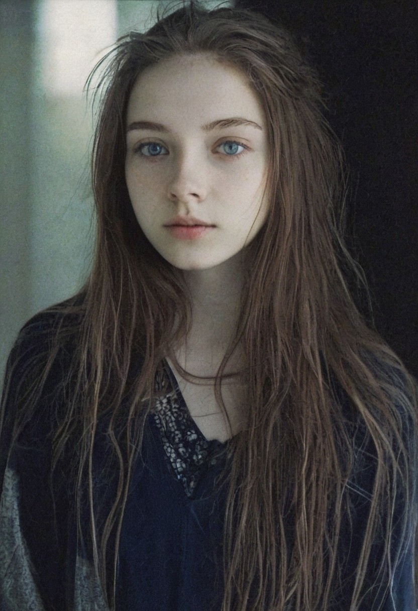 amateur photo, (film grain:1.1), 20 year old woman, [skinny woman0.2], (clothes:1.1), messy hair, blue eyes, looking at viewer, very long hair, [pale skin:0.2], light leak