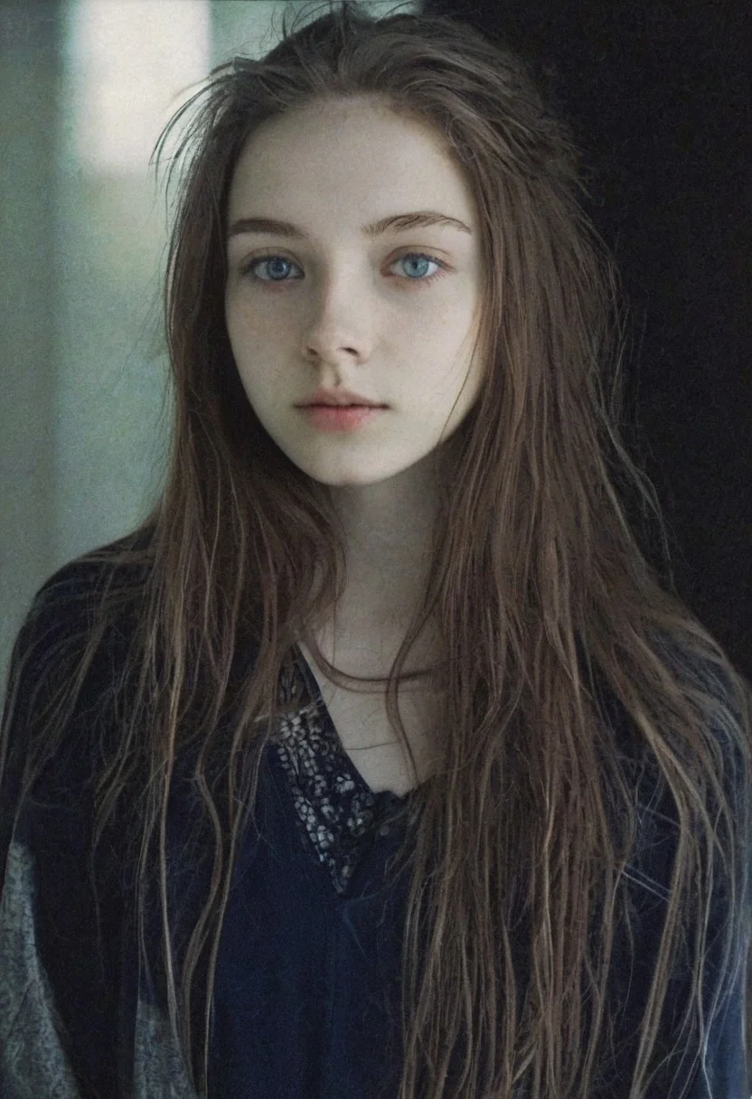 amateur photo, (film grain:1.1), 20 year old woman, [skinny woman0.2], (clothes:1.1), messy hair, blue eyes, looking at viewer, very long hair, [pale skin:0.2], light leak