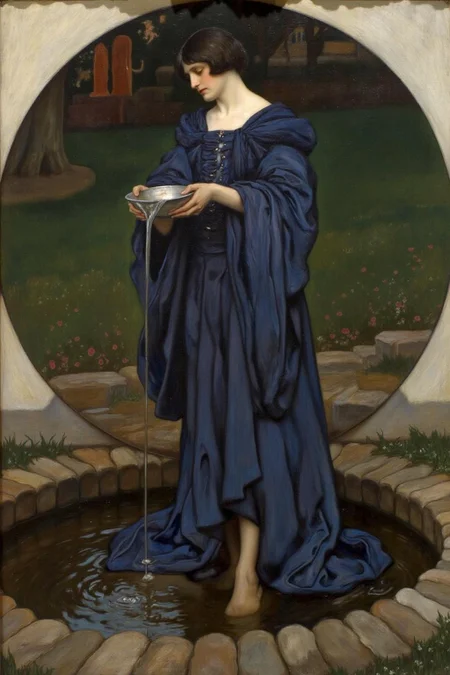 edwinabbey1 painting.
jwwaterhouse1.
A woman, Circle. with short dark hair, standing in a shallow pool of water. She is holding a bowl. and pouring the water into the pool. She is wearing a flowing, deep blue gown with intricate folds
<lora:edwinabbey1_cap_d6a3:1.0><lora:837019414659524070:0>