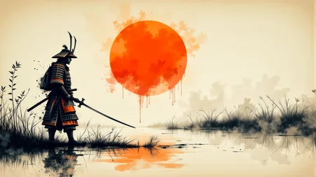 A minimal traditional japanese ink painting of the last weary Japanese samurai standing alone after an intense battle. He wears no armor nor any helmet. He holds his sword in hand. He is battered, bruised, and bleeds from several minor wounds. He is weary, disgusted, disheartened, and saddened at the lives that were lost. An orange rising sun hangs in sky behind him. This is a full frame body shot, from head to feet, providing a environmental wide angle view of the entire body. Intricate details, masterpiece, best quality. Soft volumetric lighting. <flux_realism_lora:0.42> <FluxDFaeTasticDetails:0.36> <BaroqueColorful:0.48>