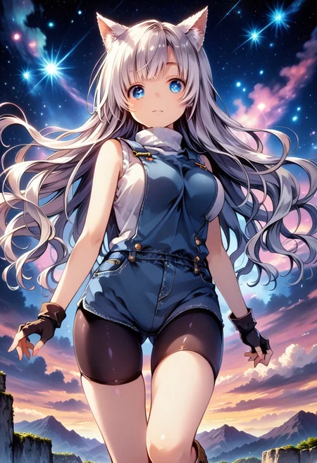 score_9, score_8_up, score_7_up, 1girl, solo, Aya_P, scenery, (big breasts:0.8). (wide thighs:1.1), (wide hips:1.1), (mature woman:1.1), (detailed eyes, Eyes in high definition, eyes with a lot of detail), (best quality:1.4), a close up of a woman with colorful hair, anime girl with cosmic hair, rossdraws pastel vibrant, artwork in the style of guweiz, fantasy art style, colorful, vibrant fantasy style, rossdraws cartoon vibrant, cosmic and colorful, guweiz, colorfull digital fantasy art, stunning art style, beautiful anime style, (beautiful female), beautiful face, clear face, white hair. white wolf ears, blue eyes, boots, bike shorts under shorts, overalls, bike shorts, sleeveless turtleneck, fingerless gloves,
