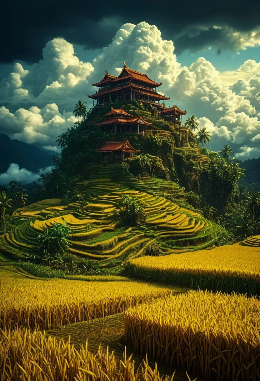 Asian rice plantation,masterpiece, best quality, double exposure, realistic, whimsical, fantastic, splash art, intricate detailed, hyperdetailed, maximalist style, photorealistic, concept art, sharp focus, harmony, serenity, tranquility, surrounding clouds, mysterious glow, ambient occlusion, halation, cozy ambient lighting, dynamic lighting,masterpiece, mentixis, masterpiece, award winning,, high fantasy, epic,, masterpiece, best quality, 8k, ultra-detailed, very aesthetic, superb composition, finest details, intricate details, high contrast, aerial view, RAW, perfect composition
