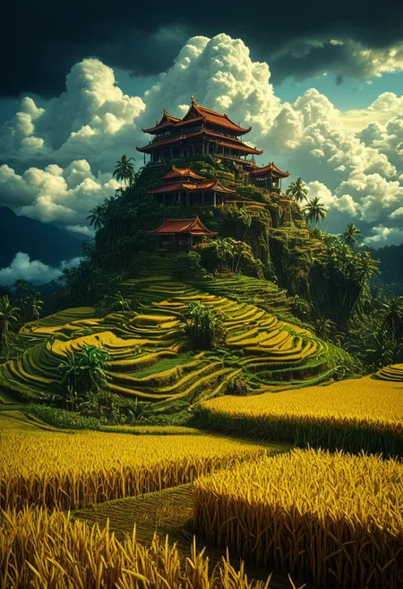 Asian rice plantation,masterpiece, best quality, double exposure, realistic, whimsical, fantastic, splash art, intricate detailed, hyperdetailed, maximalist style, photorealistic, concept art, sharp focus, harmony, serenity, tranquility, surrounding clouds, mysterious glow, ambient occlusion, halation, cozy ambient lighting, dynamic lighting,masterpiece, mentixis, masterpiece, award winning,, high fantasy, epic,, masterpiece, best quality, 8k, ultra-detailed, very aesthetic, superb composition, finest details, intricate details, high contrast, aerial view, RAW, perfect composition