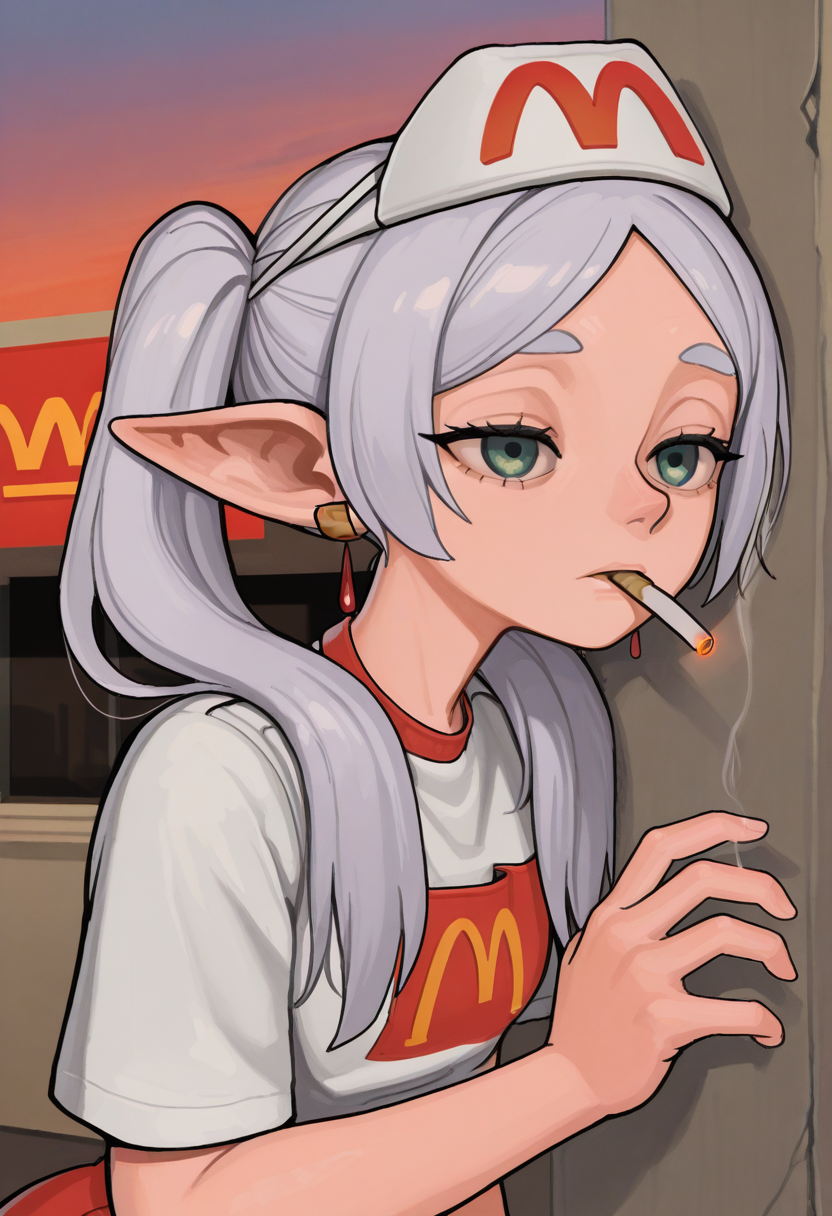 r1f13style,  masterpiece, best quality, solo,                                                                         frieren, sousou no frieren, twintails, green eyes, mcdonalds attire cap, cigarette in mouth, depressed, eyes half closed, against a wall, sunset sky, outside,  mcdonalds background,