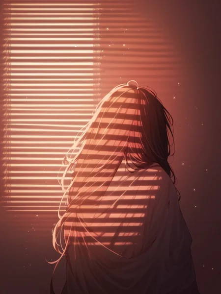 score_9, score_8_up, score_7_up, score_6_up, score_5_up, score_4_up, <lora:V3n3t14nXLP2:1> v3n3t14n, venetian blinds lighting, low light, dark room, lined lighting, long hair, 1girl, light particles, red background