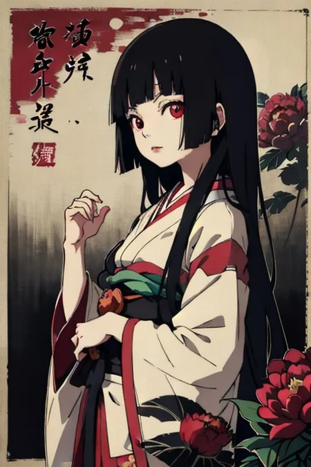 enma ai, hair down, hair black, bangs, eyes red, masterpiece, best quality, ultra-detailed, illustration, 1girl, solo, highres, photorealistic, ultra high res, (Original illustration composition), (fusion of limited color, Maximalism artstyle, kimono obi fashion, double exposure, background, illustration, Amazing, lily spider, night darkness, open one's mouth, flowers red, (polychromatic peony:1.15), Movie poster,
