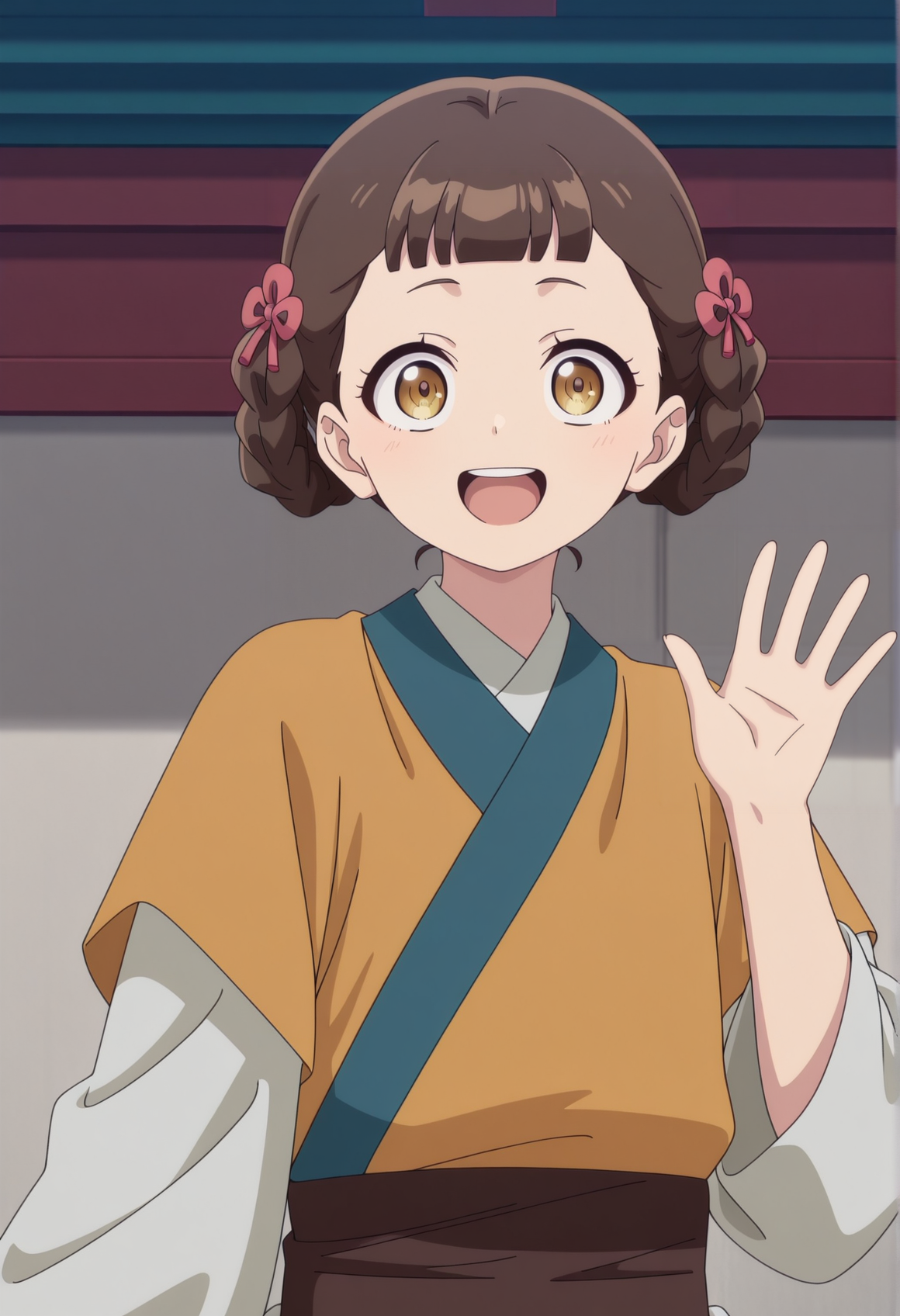 1girl, brown hair, yellow eyes, braided hair rings, hair ornament, kimono. waving, smile, open mouth, upper teeth only,  <lora:xiaolan_kushigoto:1>, masterpiece, best quality, amazing quality, very aesthetic, absurdres, highres, newest