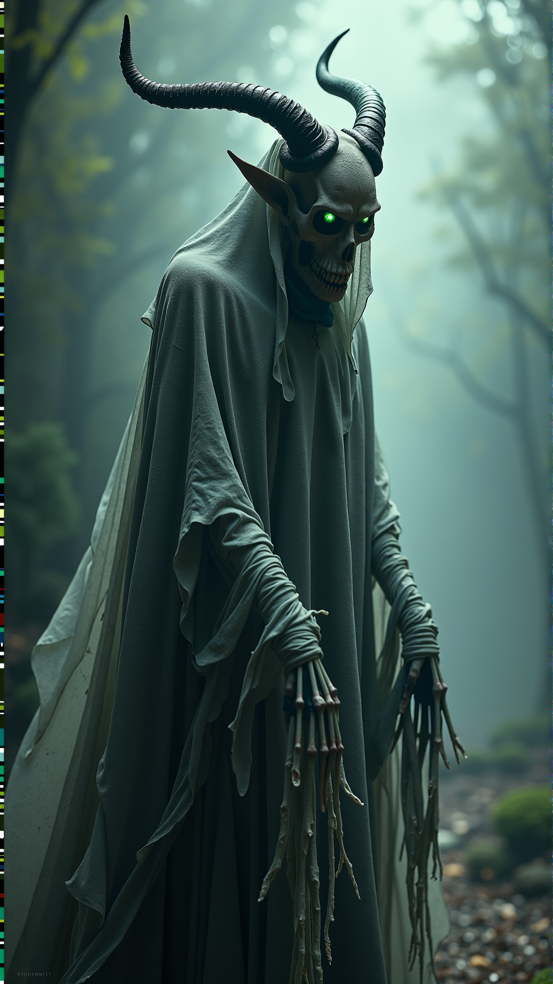 A professionally shot photography of a KrampusStyle A tall, gaunt figure with an ethereal, translucent quality, shrouded in tattered, wispy folds of dark gray fabric that seem to billow behind like a spectral cloak, its face a deathly pale, skeletal visage with sunken eyes that burn with an otherworldly, emerald green fire, the skin stretched taut over prominent cheekbones, forehead, and chin, giving the impression of a skull wrapped in decayed, papery skin, with spindly, elongated fingers that end in razor-sharp talons, and a presence that seems to draw the very light out of the surrounding atmosphere, leaving only an aura of cold, dark malevolence.. Dark, atmospheric and moody atmosphere. maw, haunted, wickedness
<lora:KrampusStyleFlux:__wildcards/numbers/07-09__>