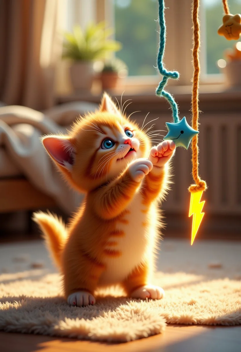 A hyperrealistic rendering of a fluffy, orange kitten batting playfully at a dangling string of yarn. The yarn is unraveling, and the end of it forms the yellow and blue thunderbolt symbol, glowing with a soft, inner light. The kitten's eyes are wide with playful curiosity as it reaches for the glowing symbol. The background is a cozy, sunlit room, with soft blankets and pillows scattered about. The scene is rendered with warm, inviting lighting, and a focus on the kitten's playful energy and the magical quality of the glowing yarn. Ultra-high definition, close-up perspective, and maximum adorableness. aidmaimageupgrader