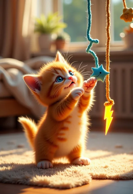 A hyperrealistic rendering of a fluffy, orange kitten batting playfully at a dangling string of yarn. The yarn is unraveling, and the end of it forms the yellow and blue thunderbolt symbol, glowing with a soft, inner light. The kitten's eyes are wide with playful curiosity as it reaches for the glowing symbol. The background is a cozy, sunlit room, with soft blankets and pillows scattered about. The scene is rendered with warm, inviting lighting, and a focus on the kitten's playful energy and the magical quality of the glowing yarn. Ultra-high definition, close-up perspective, and maximum adorableness. aidmaimageupgrader