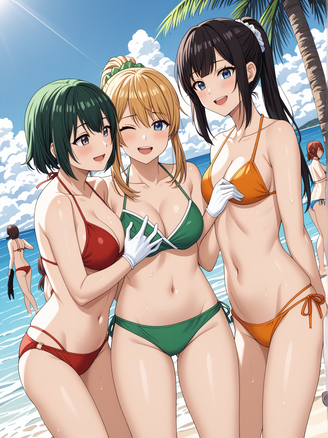 Several female characters are hugging each other in the ocean., 4girls, multiple girls, bangs, outdoors, elbow gloves, green bikini, water, swimsuit, one eye closed, hair scrunchie, fingerless gloves, day, beach, palm tree, open mouth, black bikini, rainbow, cleavage, smile, hair ornament, blue bikini, red bikini, ;d, navel, yellow bikini, ass, collarbone, blue sky, layered bikini, white gloves, ponytail, thighhighs, green scrunchie, cloud, wet, multi-strapped bikini bottom, butt crack, eyebrows visible through hair, :d, dutch angle, shiny hair, standing, blush, black gloves, orange bikini, :o, teeth, looking at another, leaning forward, side, white bikini, clothing, swimwear, group, breasts, human, seaside, outside, clothed, plant, anthro, green hair,
 <lora:ZSNR-nViC00-01D:01>