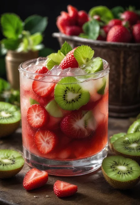 RAW photo, strawberry kiwi cooler, hot summer day, food photo, DSLR, fresh strawberries and kiwi slices garnish, soft lighting, high quality, film grain, Fujifilm XT