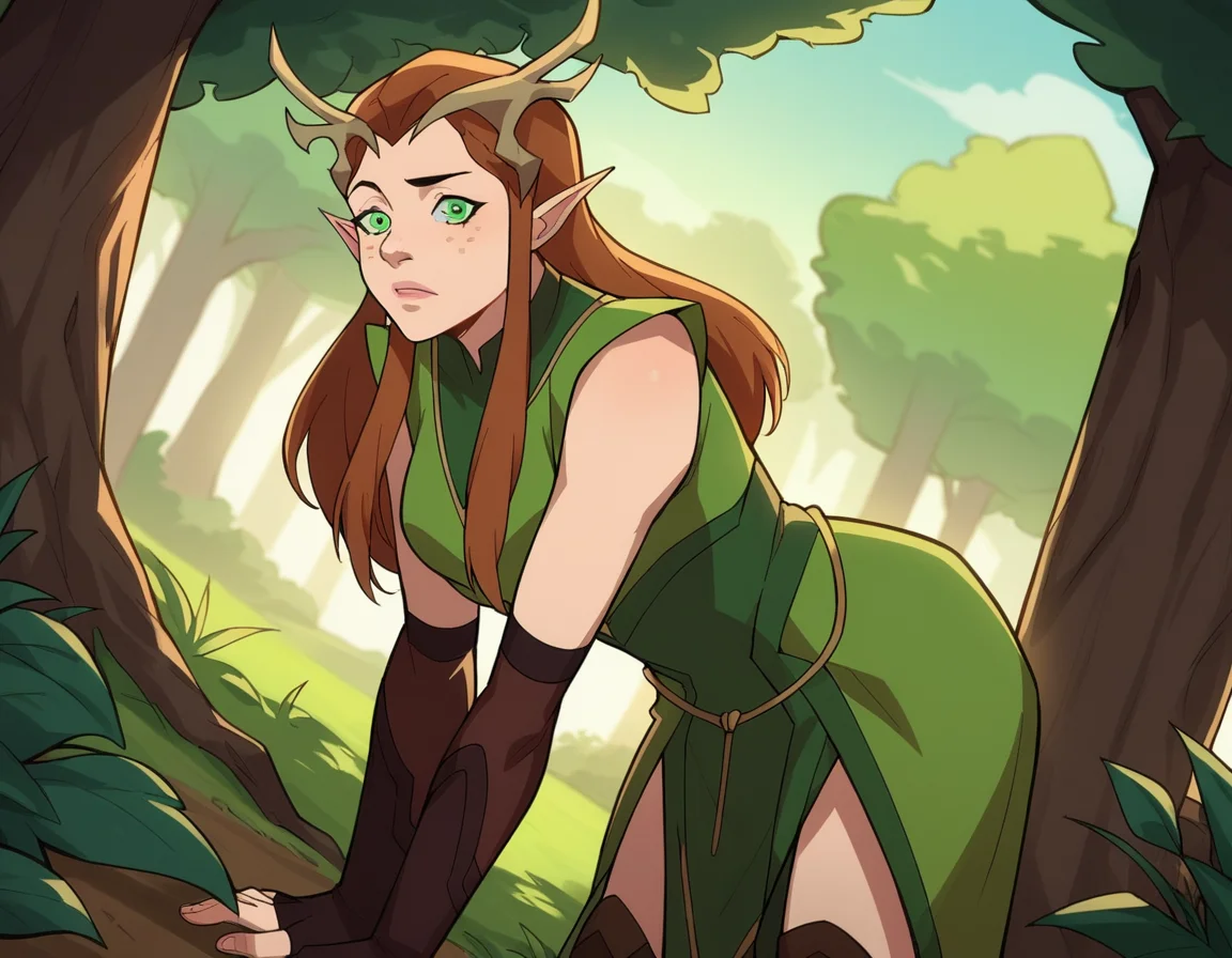 score_9, score_8_up, score_7_up, source_anime,
keyleth, <lora:keyleth-ponyxl-lora-nochekaiser:1>,
keyleth, long hair, brown hair, green eyes, pointy ears, elf, antlers, freckles,
thighhighs, gloves, boots, fingerless gloves, thigh boots, brown footwear, green dress,
outdoors, nature, bent over,
looking at viewer, dutch angle, cowboy shot,