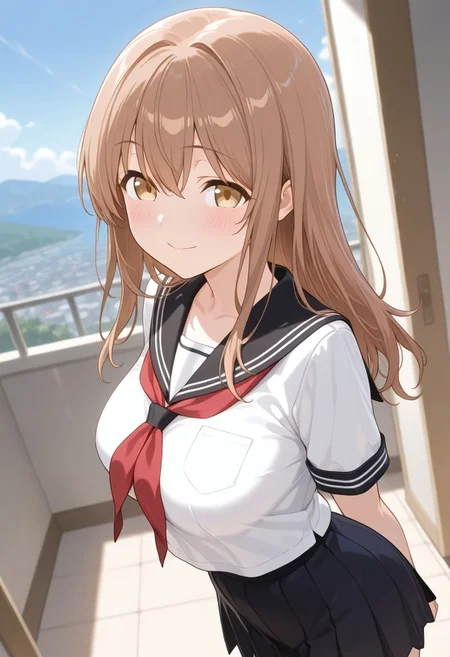 masterpiece, best quality, newest, absurdres, highres, anime,
yui takahashi,
1girl, solo, blush, smile,
white serafuku, red neckerchief, black sailor collar, short sleeves, black skirt,
scenery,
dutch angle,