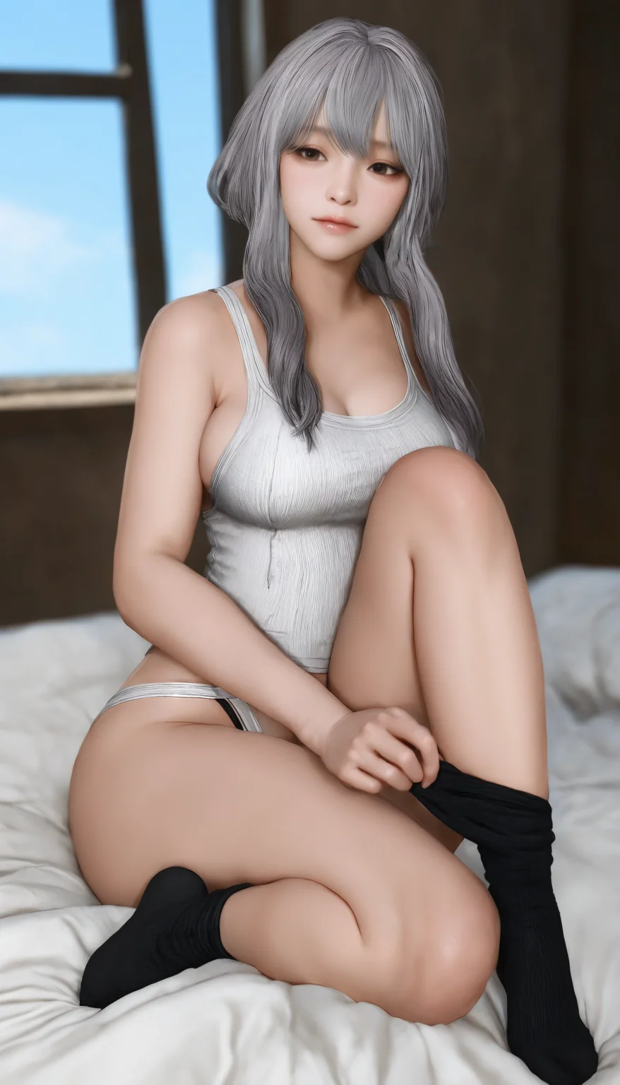 masterpiece,best quality,amazing quality,
<lora:scarletNAI:1>,sc213t,realistic,
silver hair,long hair,bangs,sidelocks,brown eyes,
white camisole,white thong,
black ankle socks,no shoes,
sitting,(removing socks:1.2),from above,
indoors,
window,blue sky,
day,
bed sheet,
depth of field,