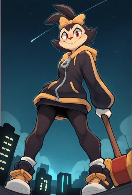(masterpiece, best quality, very aesthetic, absurdres:1.2), detailed fluffy fur <lora:zackary911_style_illustrious_v1.4:1>, z9style, 1girl, furry, dot warner, red eyes, looking at viewer, smile BREAK
black jacket, hooded jacket, cityscape, starry sky, night, black skirt, black fur, yellow bow, yellow trim, holding mallet, toy hammer, socks, black sneakers, leaning, low angle, zipper