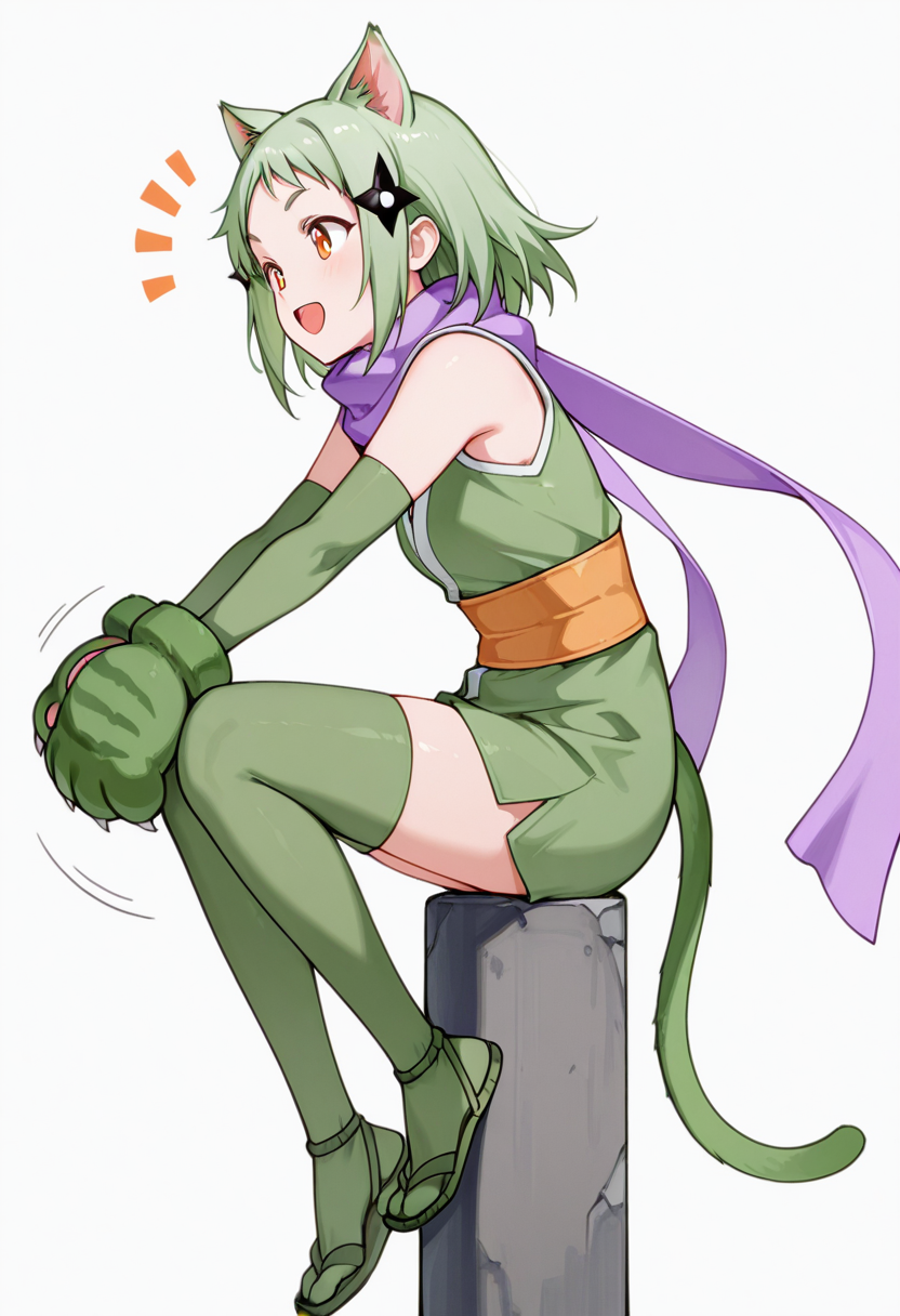 masterpiece,high quality details, absurdres, 
perched on edge of surface, legs swinging, hands gripping edge  ,
 <lora:Mao_Kusagakure:0.8>
mao_cnr, 1girl, green hair, short hair,orange eyes, cat ears,cat tail,hair ornament,
ninja, japanese clothes, kimono, sleeveless kimono,purple scarf,elbow gloves,green thighhighs, sandals,paw gloves,cat paws,, ^o^,, simple background, white background, from side,solo,
