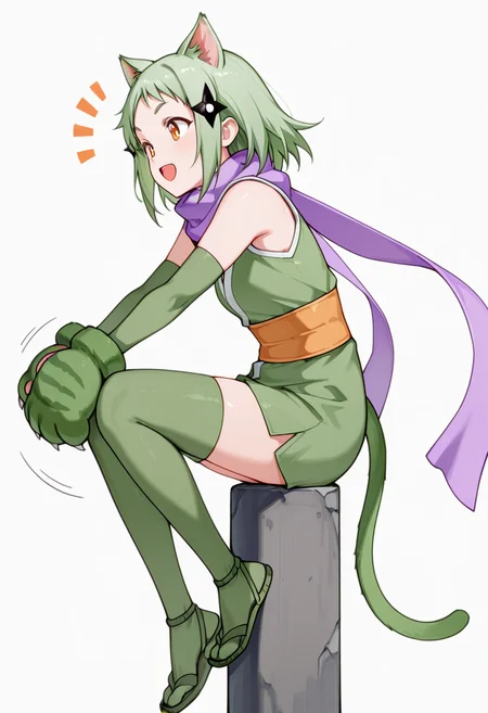 masterpiece,high quality details, absurdres, 
perched on edge of surface, legs swinging, hands gripping edge  ,
 <lora:Mao_Kusagakure:0.8>
mao_cnr, 1girl, green hair, short hair,orange eyes, cat ears,cat tail,hair ornament,
ninja, japanese clothes, kimono, sleeveless kimono,purple scarf,elbow gloves,green thighhighs, sandals,paw gloves,cat paws,, ^o^,, simple background, white background, from side,solo,