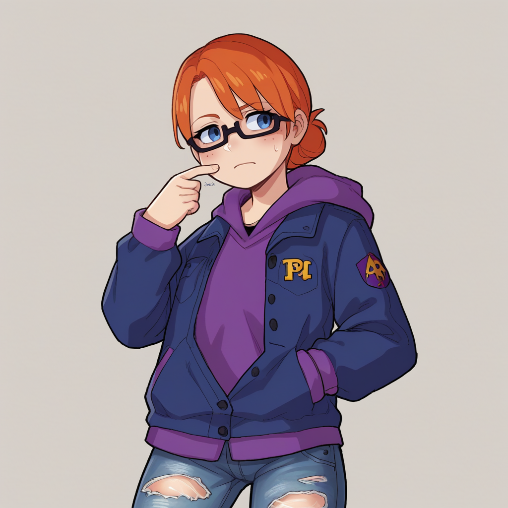 score_9, score_8_up, score_7_up, score_6_up, score_5_up, score_4_up, zPDXL2,source_anime, rating_questionable, 1girl, solo, <lora:Kinzie_Kensington_-_Saints_Row:0.8> 1girl, k1nzie, glasses, blue eyes, orange hair, blue jacket, purple hoodie, ripped jeans, fbi logo