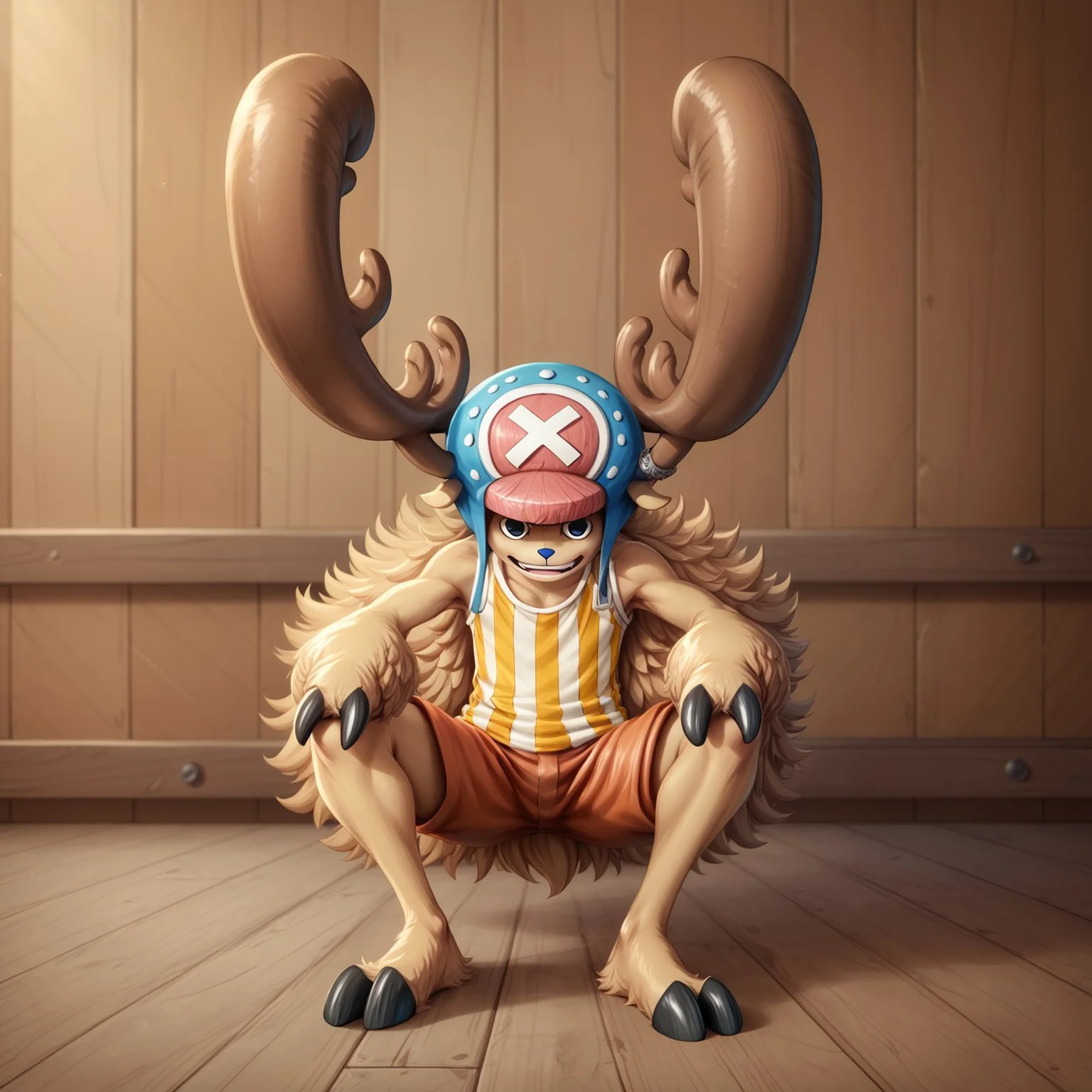 score_9, score_8_up, score_7_up, detailed, chopperhp, 1boy, solo, full body, hat, antlers, black eyes, long hair, hooves, striped shirt, shorts, BREAK, ship deck