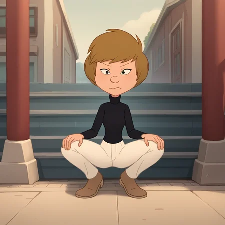 score_8_up, BREAK, 1girl, solo, MOM, brown hair, black eyes, short hair, turtleneck, long sleeves, white pants, brown footwear, squatting, spread legs, outdoors, <lora:TootuffMom_titeuf_PXL_Leaf1:1>, closed mouth,