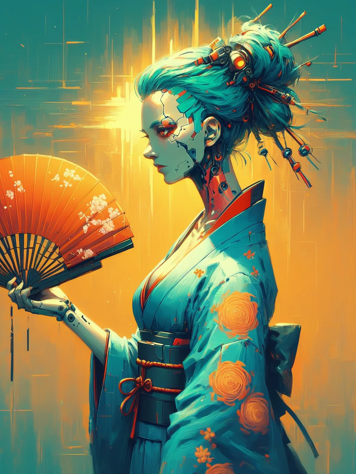 score_9, score_8_up, score_7_up, woman wearing kimono holding fan, yellow sun, cyberpunk <lora:Neon_Cyberpunk_Impressionism_Pony:1>