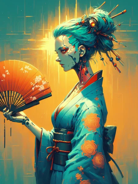 score_9, score_8_up, score_7_up, woman wearing kimono holding fan, yellow sun, cyberpunk <lora:Neon_Cyberpunk_Impressionism_Pony:1>