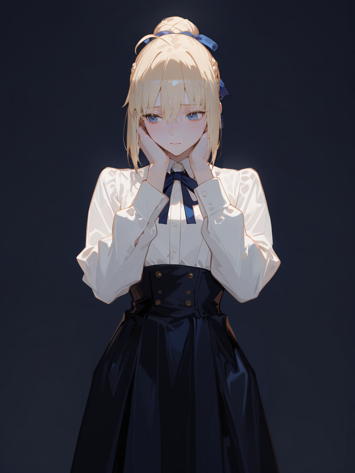 perfect quality,high quality,masterpiece,best quality,amazing quality,very aesthetic,absurdres,Cinematic Lighting,newest,
front view,full_shot,Raised brow with a questioning look,
saberCYQL,solo,1girl,blonde hair,hair bun,ahoge,bangs,hair between eyes,french braid,single hair bun,hair ribbon,blue eyes,shirt,white shirt,ribbon,blue ribbon,neck ribbon,collared shirt,long sleeves,skirt,blue skirt,high-waist skirt,
full body,standing,hands_on_own_face,,
powderblue background,simple background,
<lora:spo_sdxl_10ep_4k-data_lora_webui:0.5>,<lora:illustrious_all_rated_v1:0.6>,<lora:748cmSDXL:0.8>,748cmstyle,<lora:DarkerThanBlackIllustrious:0.5>,<lora:EtherSDXL:0.5>,EtherStyle,,<lora:lora-000008.by_tusi:1>,