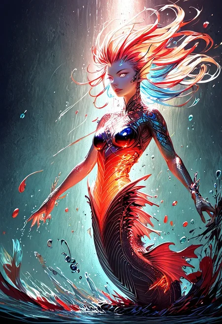 (score_9, score_8_up), score_7_up, zPDXL, solo, <lora:MythAnim3Style:0.8>, MythAn1m3, source_anime, 1girl, mermaid, dark mysterious backgroud, Iridescent eyes, aquatic scene, dreamlike atmosphere, mystical, ethereal light, detailed textures, whimsical, rippling, dripping, water element, very long cascading hair, water, very beautiful, sexy, sexy body, beautiful body, scales, wet body, Iridescent scales, bubbles, water drops, Iridescent skin, multi colored eyes, partially underwater shot, watce, bioluminescent skin, bioluminescent, glowing, bioluminescent scales, bioluminescent hair, FastNegativeV2, laser light clothes, submerged breast, water line on lense, view from under water, light hair