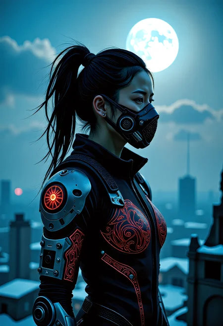 Photograph of ym ym, In a ravaged post-apocalyptic, snow-shrouded cityscape at night with a large harvest moon, a lone figure stands atop a ruined skyscraper, gazing out at the desolate expanse. The soft glow of the moon casts an ethereal light upon the scene, the sharp features of a determined Chinese assassin. Her midnight-black stealth nanotech exoskeleton, adorned with intricate, crimson engraving that shimmers in the moon's light. The wind whispers secrets in her ear, carrying the whispers of a long-forgotten world. Her titanium mechanical_arms, grafted seamlessly onto her frame, abutting her exoskeleton. The ruins of a once-great civilization stretch before her, a testament to the unyielding ferocity of a world gone mad. A futuristic rebreather mask, etched with the markings of a bygone era, covers the lower half of her face, casting an air of mystery over her already enigmatic presence. Her raven-black hair, infused with minute, metallic strands that shimmer like stars, is blown back by the wind, framing her resolute expression. This stealthy assassin embodies the indomitable spirit of a Vikingpunk warrior. <lora:flux/The beauty of realism (FLUX)>, Beauty, realism, chiaroscuro, cinematic quality, rays of light, play of shadow and light, <lora:flux/aeshteticv3_000006000:0.8>, aesthetic_pose, dynamic_pose, <lora:peeps/YM_Flux_1.safetensors:1.0>, <lora:flux/Sinfully_Stylish_.02_for_FLUX-000002.safetensors:1.0>,