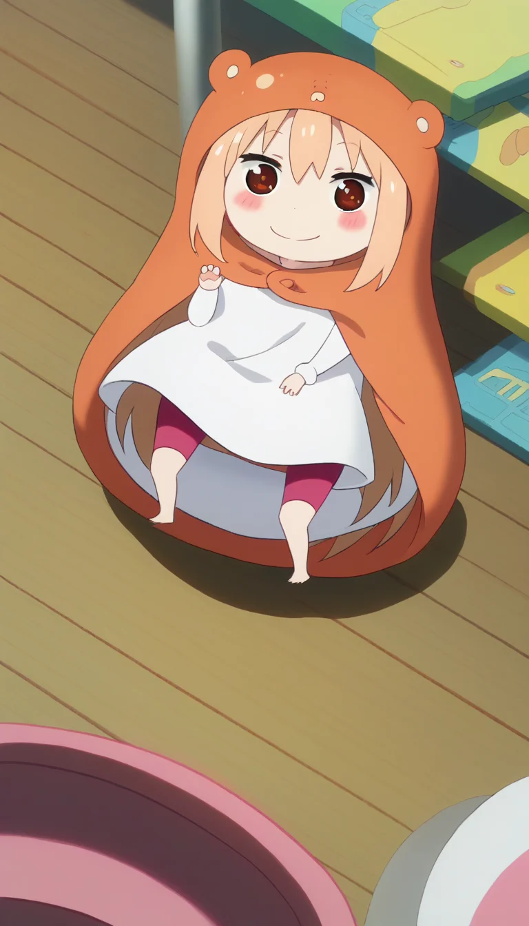 score_9,score_8_up,masterpiece,best quality,correct anatomy,anime_source,1girl,solo,perfect eyes,perfect arms,perfect legs,perfect face,outdoors,looking at viewer,smile,Doma Umaru-Chibi,chibi,hood,animal costume,long hair,light brown hair,sidelocks,bangs,brown eyes,blush stickers,white shirt,pink pants,barefoot,<lora:Doma Umaru-Chibi(huc)-Pony:1.8>,