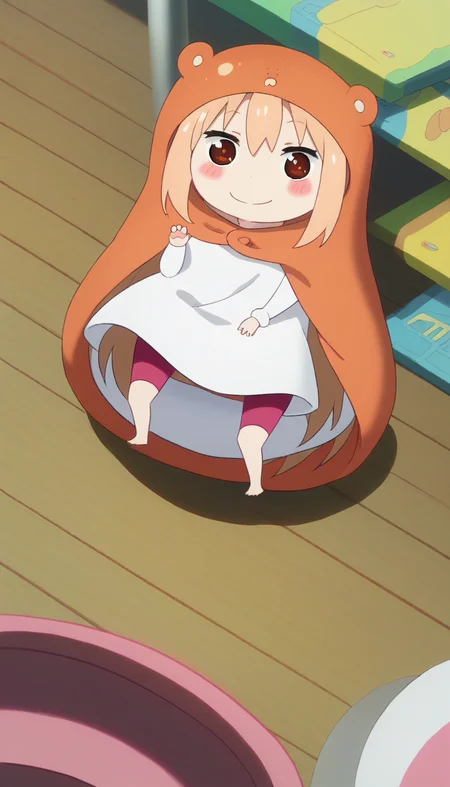 score_9,score_8_up,masterpiece,best quality,correct anatomy,anime_source,1girl,solo,perfect eyes,perfect arms,perfect legs,perfect face,outdoors,looking at viewer,smile,Doma Umaru-Chibi,chibi,hood,animal costume,long hair,light brown hair,sidelocks,bangs,brown eyes,blush stickers,white shirt,pink pants,barefoot,<lora:Doma Umaru-Chibi(huc)-Pony:1.8>,