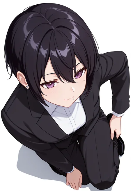 masterpiece,high quality details, absurdres, 
one knee raised to chest, arms wrapped around leg, opposite foot pointed  ,
<lora:kuro:0.8> kuro_cnr, 1girl,black hair, short hair, purple eyes, mole under mouth, formal, suit, jacket, white shirt,pants, earrings,, ;3,, simple background, white background, from above,solo,