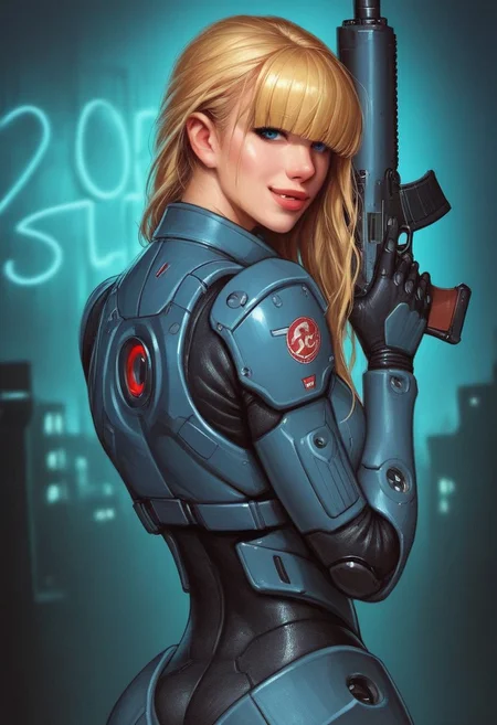 1girl, ((back view))), looking at viewer, highly detailed, from front, 1girl, skinny, looking at viewer, masterpiece, best quality,
raw, extremely detailed, hyperrealism, photo, perfect anatomy, <lora:grewishka_alita_pxl:1> source_photo, source_real, robot, cyborg, android, solo, looking at viewer, 1girl, full body, ((special force camo armor)), high heels, neon_lights, dynamic pose, pistols in hands
BREAK
fang smile, looking at viewer, long hair, ((blonde highlighting hair)), (((hair over eyes, front bangs))), long hair, dynamic pose
best quality, depth of field, bokeh, (((full clothed))), ((special force camo armor)),
BREAK
((((big futuristic gun in hands)))), (big futuristic pistol in hands:1.3), sc-fi soldier, dynamic pose, military camo armor
(((((rooftop, night city, neon lights))))) score_9, score_8_up, score_7_up, score_6_up, source_cartoon, rating_explicit, Expressiveh, (((((upper body))))), dynamic pose