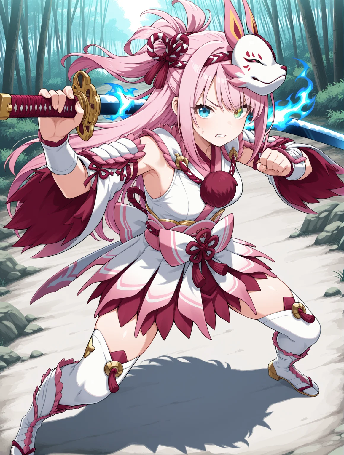 mizutsune gunner armor,1girl,pink hair,solo,heterochromia,green eyes,sword,long hair,blue eyes,serious,katana,looking at viewer,full body,outdoors,closed mouth,holding sword,pink hairband,white kimono dress,pink sash bow,white detached sleeves,white vambraces,white thigh boots,from above,fighting stance,clenched teeth,sweatdrop,blue flaming eye,weapon over shoulder,
masterpiece,best quality,amazing quality,very aesthetic,absurdres,newest,<lora:Mizutsune Armor Beta illuXL v1:0.7>,