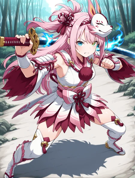 mizutsune gunner armor,1girl,pink hair,solo,heterochromia,green eyes,sword,long hair,blue eyes,serious,katana,looking at viewer,full body,outdoors,closed mouth,holding sword,pink hairband,white kimono dress,pink sash bow,white detached sleeves,white vambraces,white thigh boots,from above,fighting stance,clenched teeth,sweatdrop,blue flaming eye,weapon over shoulder,
masterpiece,best quality,amazing quality,very aesthetic,absurdres,newest,<lora:Mizutsune Armor Beta illuXL v1:0.7>,