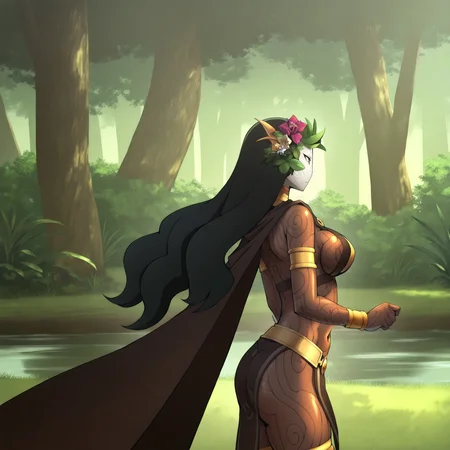 masterpiece, best quality,very aesthetic,absurdres
1girl
<lora:DanuILL2:1> danusmt, long black hair, large breasts, hair ornament, navel, jewelry, green eyes, green hair, hair flower, cape, bracelet, colored skin, bronze skin, monster girl,loincloth, no nose,
forest,trees,greenery,pond, large breasts, cowboy shot, , upper body, motherly,serious expression, from side,ass,looking away <lora:MeMaV3_ill:1>