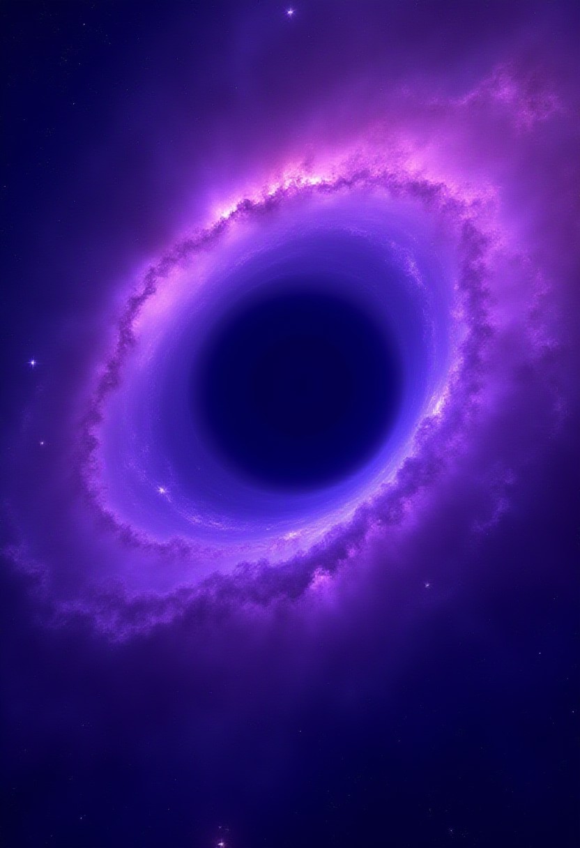 A highly detailed black hole floating through the galaxy, purple accretion disc, absurd resolution, masterpiece, stars and pink nebulae in the background