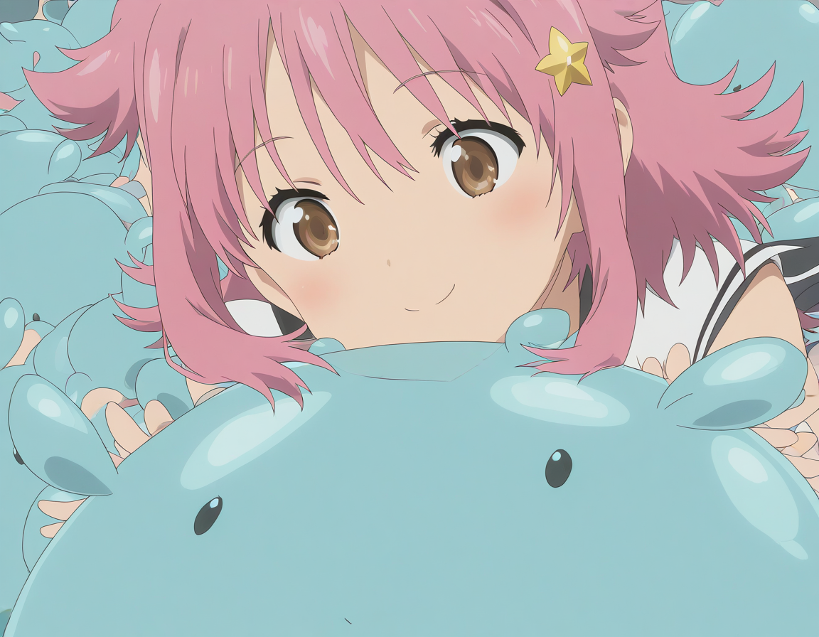 general,highres, ultra-detailed,very aesthetic,best quality ,best hands,  BREAK <lora:Subaru_Houkago_no_Pleiades_IS:0.9>subaru(Pleiades), 1girl, solo, pink hair, short hair, brown eyes, star hair ornament, anime coloring, smile, 
BREAK, 
 <lora:kaicyou_Houkago_no_Pleiades_IS:0.9>kaicyou(Pleiades), sphere, slime (creature), full body, black eyes, creature, blue theme, anime coloring, no humans, sphere, 
galaxy,