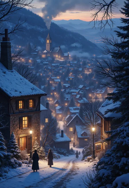 Winter Village at Twilight
A quaint village nestled in a snowy valley, with warm lights glowing from every window. Smoke rises from chimneys into the twilight sky, and villagers in winter coats stroll through the snow-covered streets. The distant sound of church bells adds to the serene atmosphere. ral-drath, aidmaMJ6.1