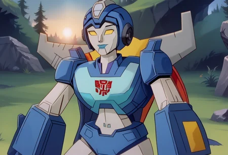 score_9, score_8, BREAK, solo, 1girl, Whirl , Autobot, yellow eyes, glowing eyes, alien girl, robot, robot girl, humanoid robot, mecha, sexy pose, self portrait, smile, outdoors, sunlight, shadows, evening lighting, natural lighting, forest, trees, grass, orange sky, sunset transformers, animation, <lora:Transformers 86 FT-000005:1>