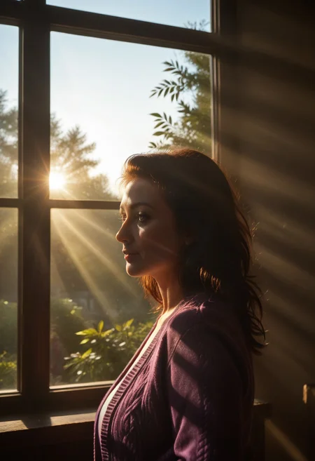 score_9, score_8_up, score_7_up, masterpiece, ultra detailed, best quality, 1 woman,close up portrait, mature woman, standing in front of window, light coming through window, silhouette, dynamic lighting, view from side,
expressive face, expressive body, expressive emotions, dynamic pose, intense gaze, lively eyes, detailed facial expression, engaging presence.
detailed skin, perfect quality, hyper quality, perfect shadows,dark hair, purple cardigan, lot of shadows, perfect lighting, ultra realistic reflections, hyper realistic, ultra realism, 8k, masterpiece,