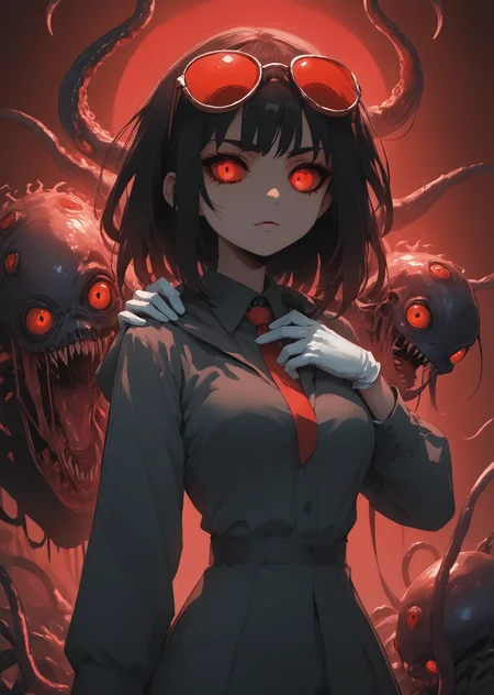 Score_9, score_8_up, score_7_up, score_6
(source_cartoon:1, source_anime:1, cartoon, vibrant, bright colors, digital art)
abby \(za1f0n\), 1girl, black hair, breasts, collared shirt, colored sclera, eldritch abomination, extra eyes, eyewear on head, gloves, hand on another's shoulder, hood, long sleeves, medium breasts, meme, monster girl, red-tinted eyewear, red eyes, red sclera, shirt, simple background, skirt, suit, sunglasses, tinted eyewear, too many eyes, valentine, white gloves
<lora:Eldritch_Universe_Style Pony:1.8> <lora:Black_Magic_Steering:0.8> Source_Anime <lora:Anime Summer Days 2 Style SDXL_LoRA_Pony Diffusion V6 XL:0.8>