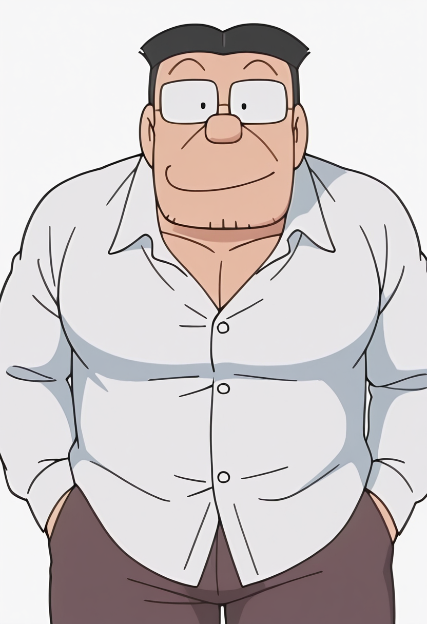 1boy, standing, unbuttoned shirt, white shirt, looking up, facing viewer, brown pants, hands in pockets, looking at viewer, casual, evil grin, smirk, closed mouth,
BREAK
senseiofnobita, mature male, glasses, black hair, black eyes,
BREAK
thick thighs, thick arms, large pectorals, muscular, simple background, white background, 
BREAK
best quality, masterpiece, very aesthetic, absurdres, highest detailed, very awa, newest, <lora:Sensei_from_late_Doraemon_Åyama_edition_v0.1:1>