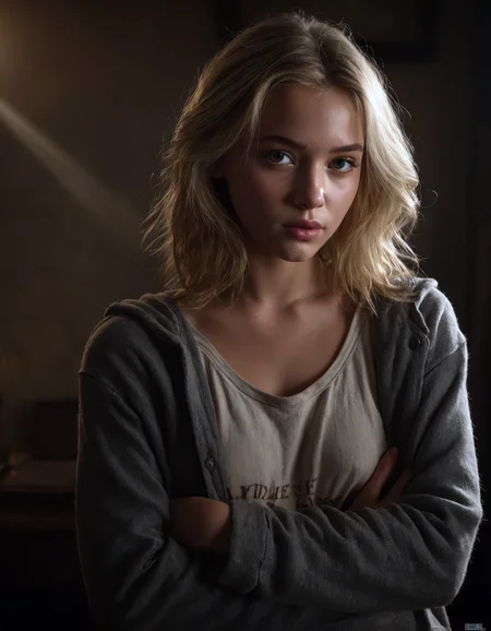 award-winning masterpiece, a beautiful college girl, dirty blonde, girl next door, baggy clothes, interior, high-quality, super-detailed, in the style of dark cinematic fine-art portraits, dramatic lighting, soft shadows, rich textures, moody atmosphere