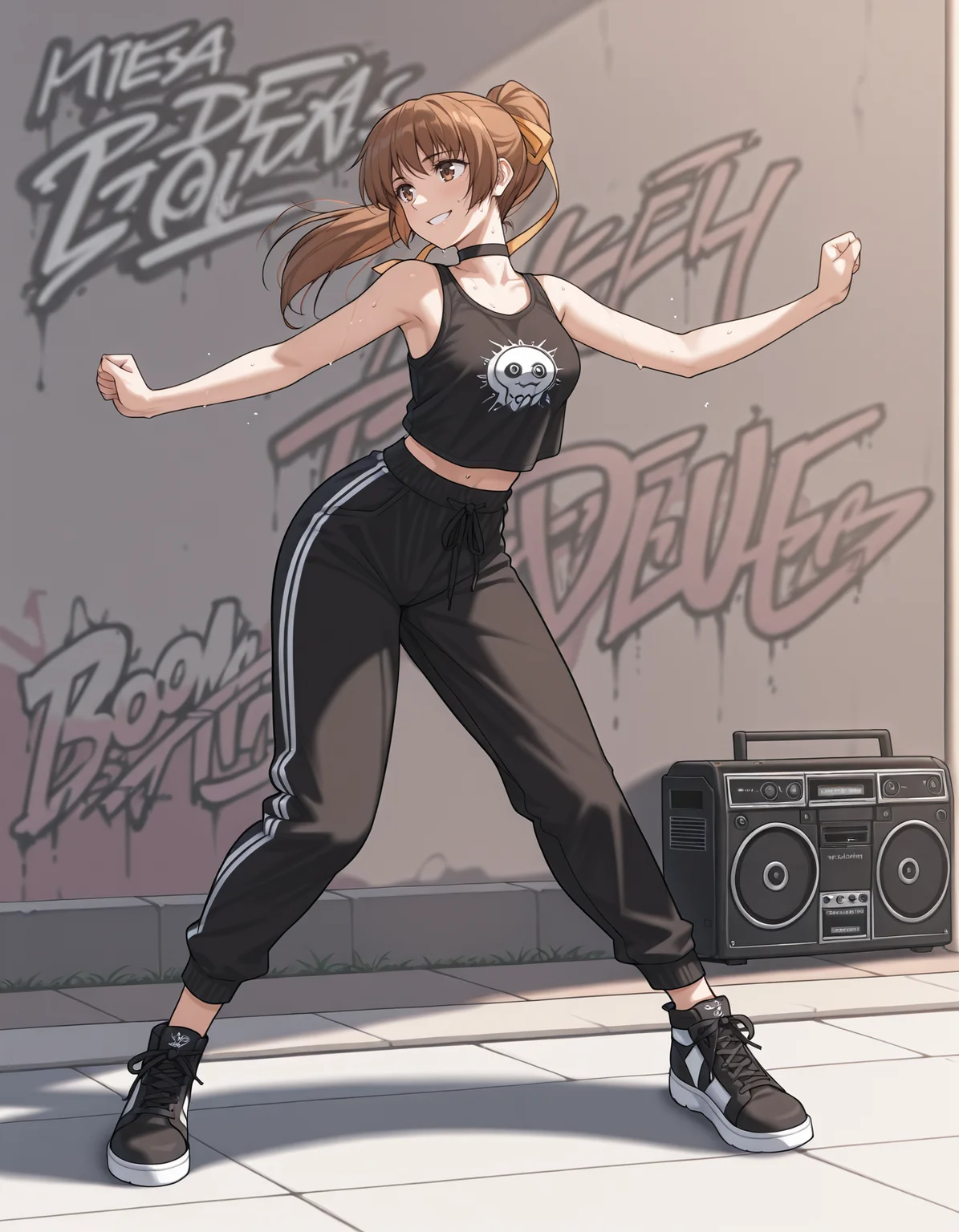 <lora:kasumi-illustrious-000010:1> kasfg, streetwear, ponytail,
1girl, solo, smile, dancing, graffiti, boombox, sidewalk, sweat
masterpiece, best quality, masterpiece, best quality
